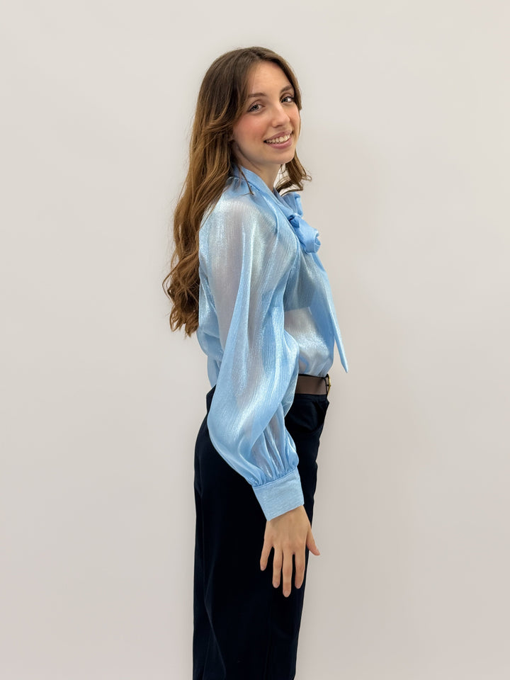Light blue Luminous™ maxi shirt with bow detail by Emma & Rose Cape Town, featuring a relaxed fit and elegant design.