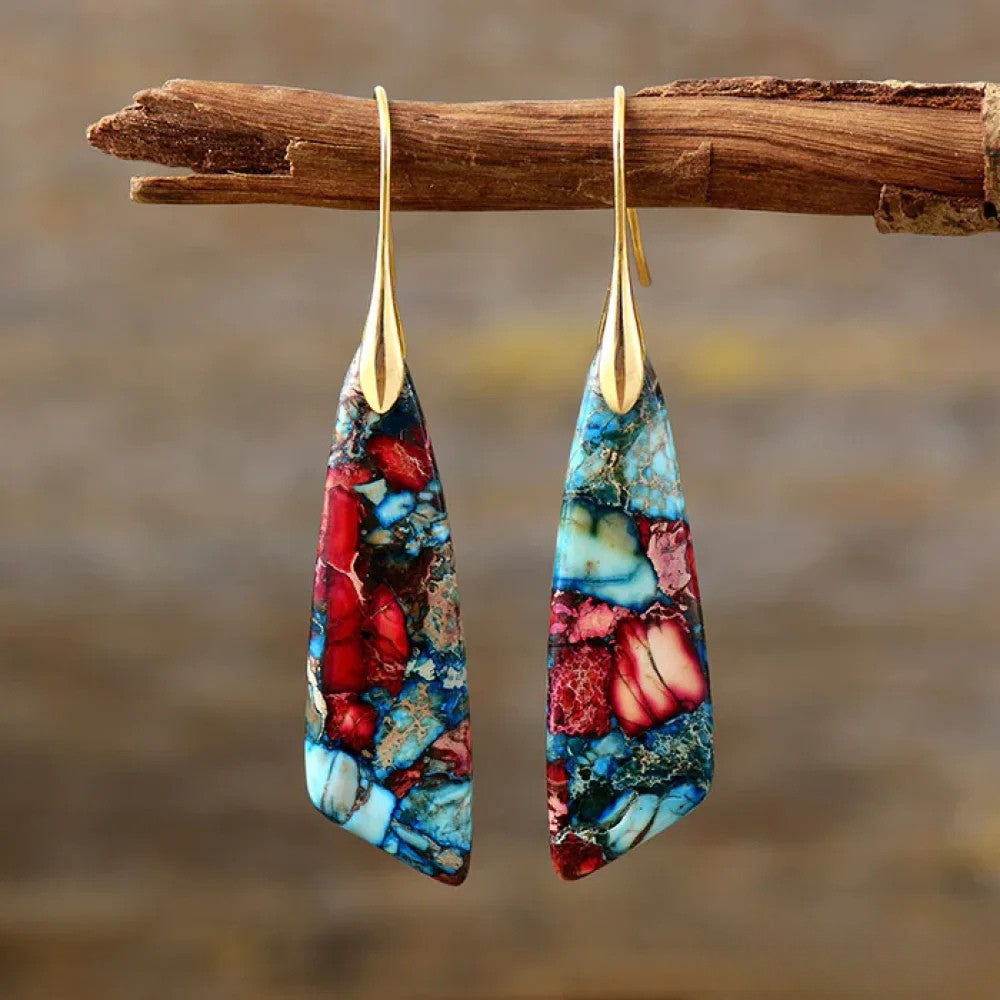 Colorful stone earrings by Emma & Rose Cape Town featuring vibrant retro-style design and gold-tone accents.