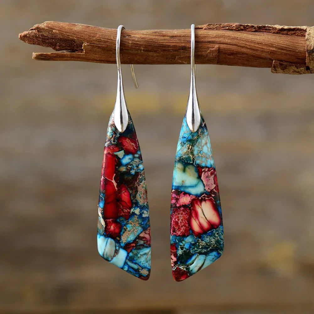 Colorful stone earrings by Emma & Rose Cape Town featuring vibrant retro-style design and gold accents.