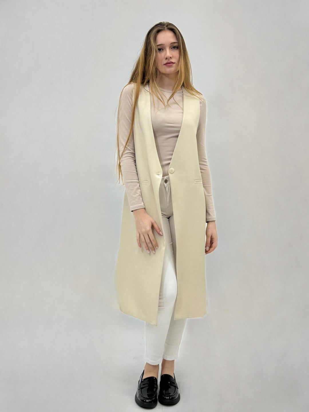 Black Quinn™ long waistcoat button-up jacket by Emma & Rose Cape Town, featuring a tailored fit and classic design.