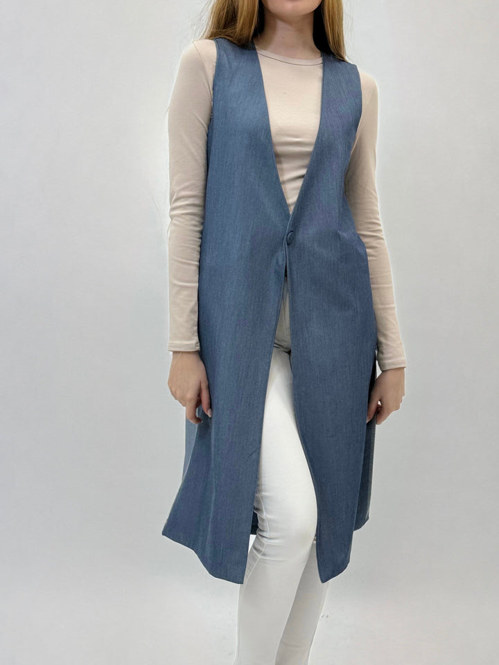 Black Quinn™ long waistcoat button-up jacket by Emma & Rose Cape Town, featuring classic design and tailored fit.