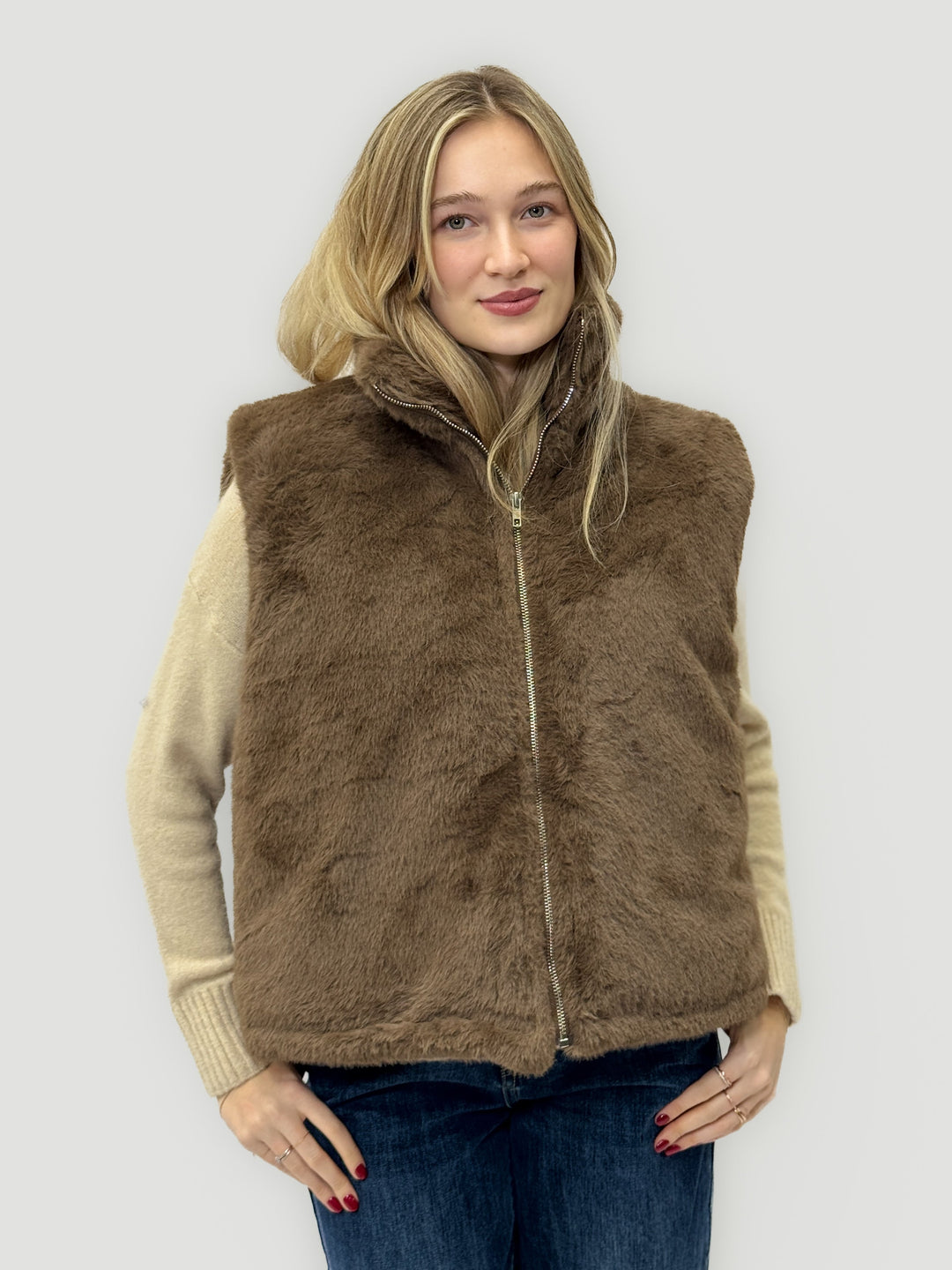 Brown Simone™ faux fur plush jacket from Emma & Rose Cape Town, featuring a soft, cozy faux fur design.