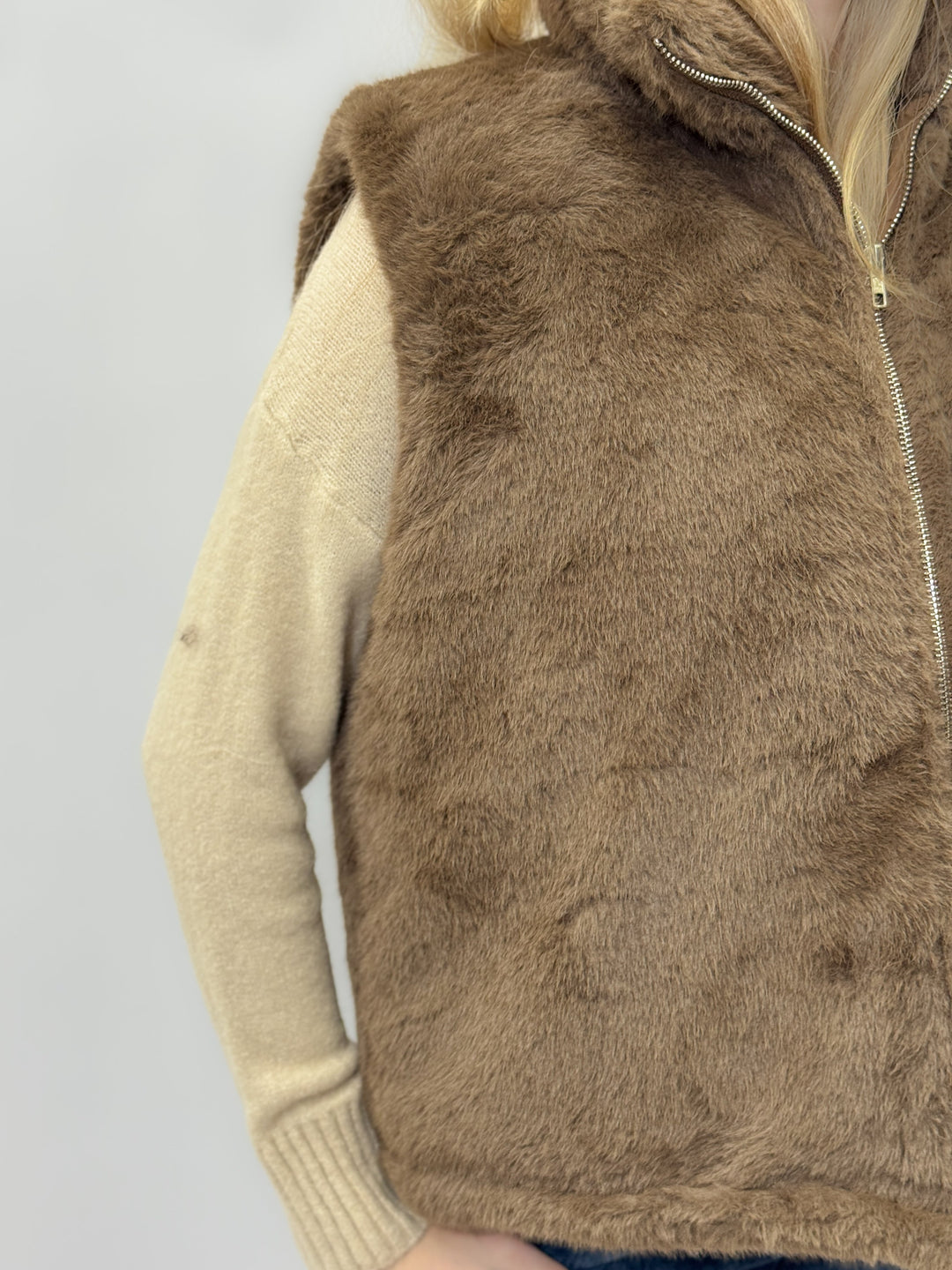 Brown Simone™ soft faux fur plush jacket by Emma & Rose Cape Town, shown in size small, with cozy, plush texture.