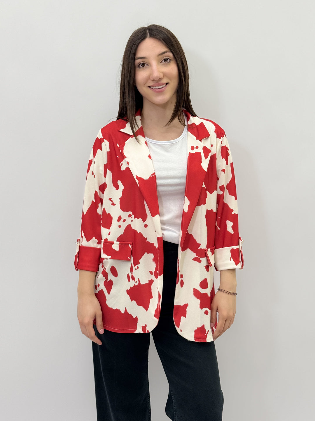 Red Moo™ print jacket by Emma & Rose Cape Town, stylish casual outerwear with bold cow print design.