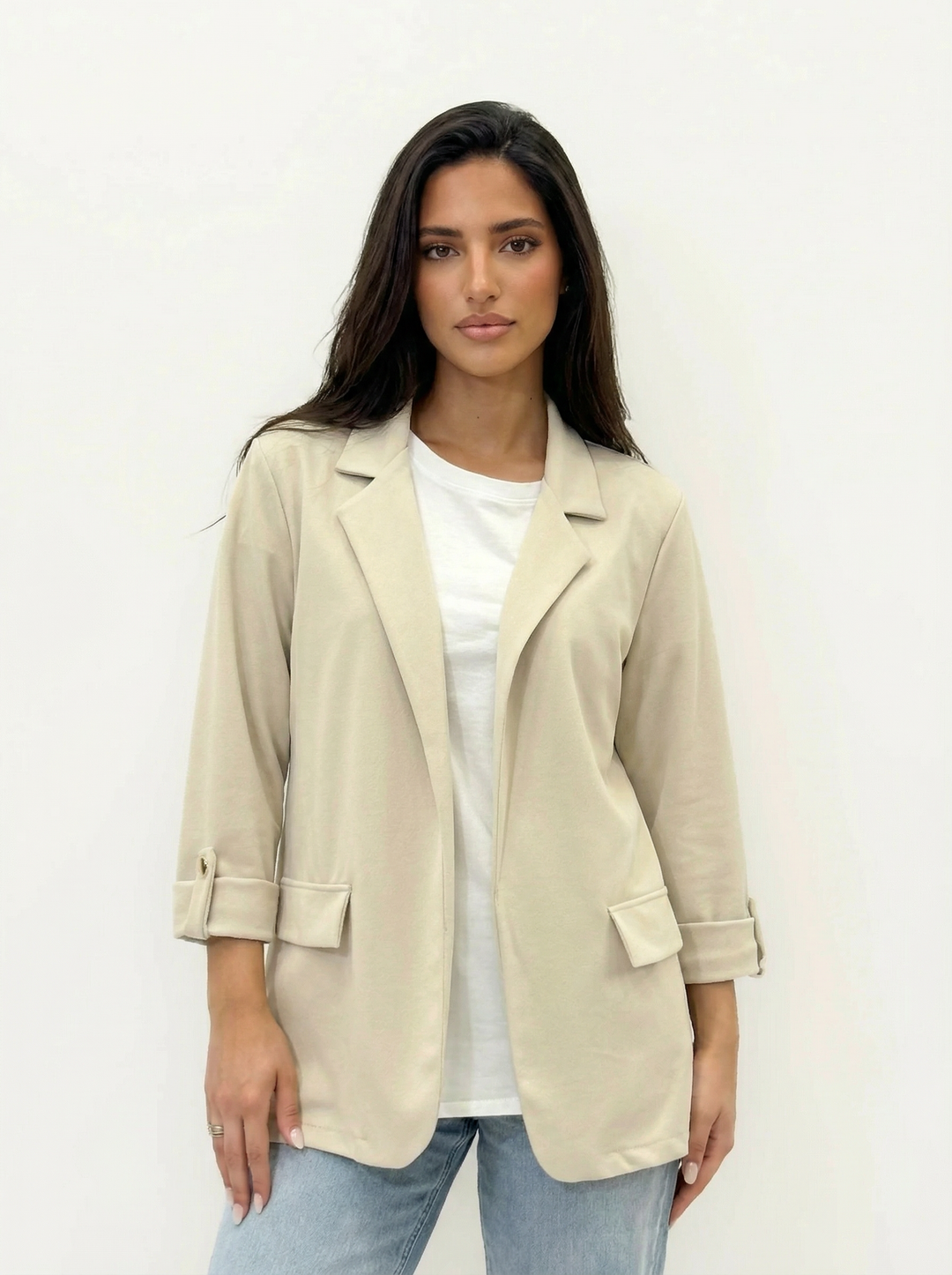 Women's sage green 3/4 sleeve blazer with lapels by Emma & Rose Cape Town, stylish and tailored for versatile wear.
