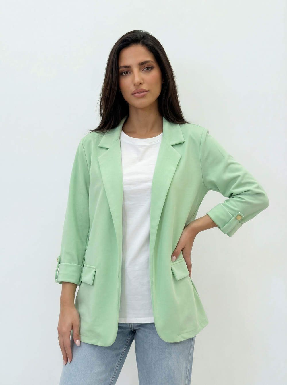 Sage green women's 3/4 sleeve blazer with lapels from Emma & Rose Cape Town, stylish and tailored for a polished look.