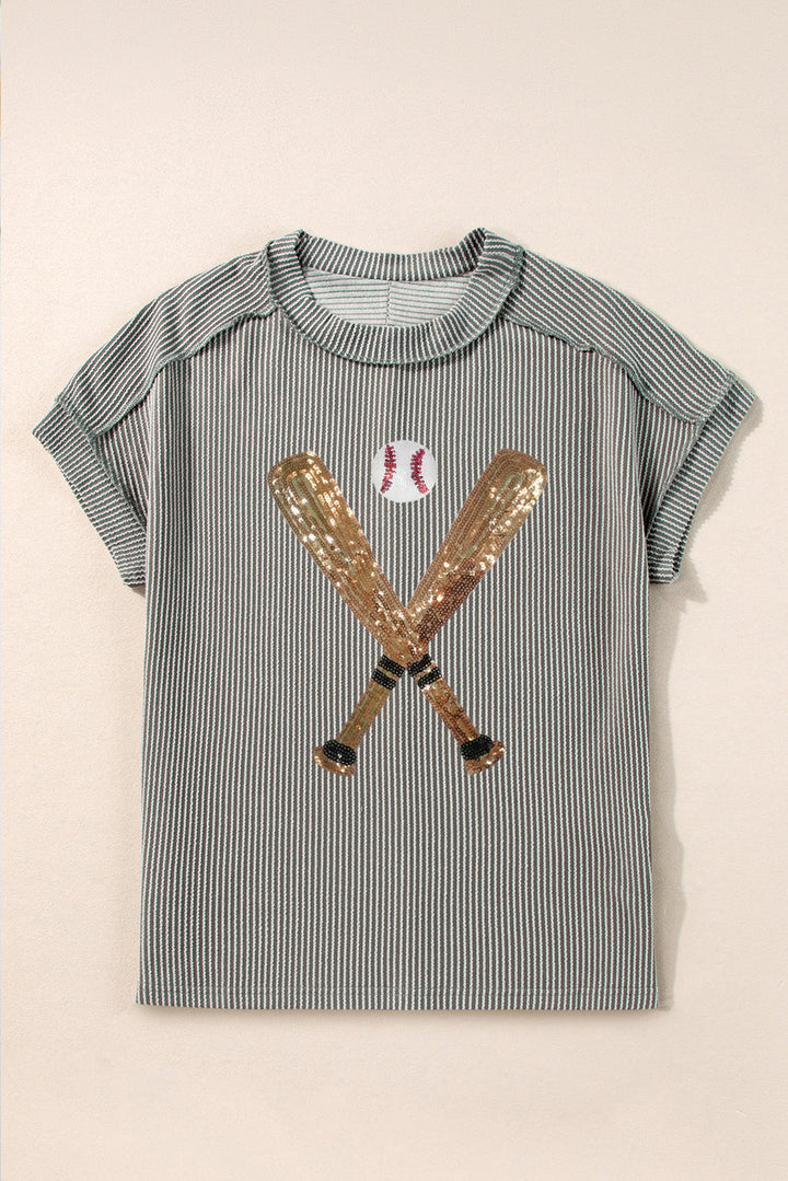 Medium grey ribbed knit sequin baseball graphic T-shirt by Emma & Rose Cape Town with bold front graphic design.