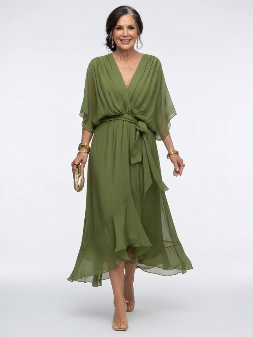 Green Elysia™ waist tie midi dress by Emma & Rose Cape Town, featuring a flattering silhouette and elegant design.