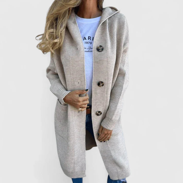 Beige Emma & Rose Cape Town Dia™ elegant cardigan, stylish jacket with a soft knit texture and classic design.