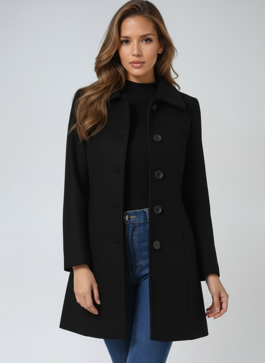Black Elvyn™ sophisticated coat by Emma & Rose Cape Town, showcasing a stylish, tailored jacket with a sleek design.