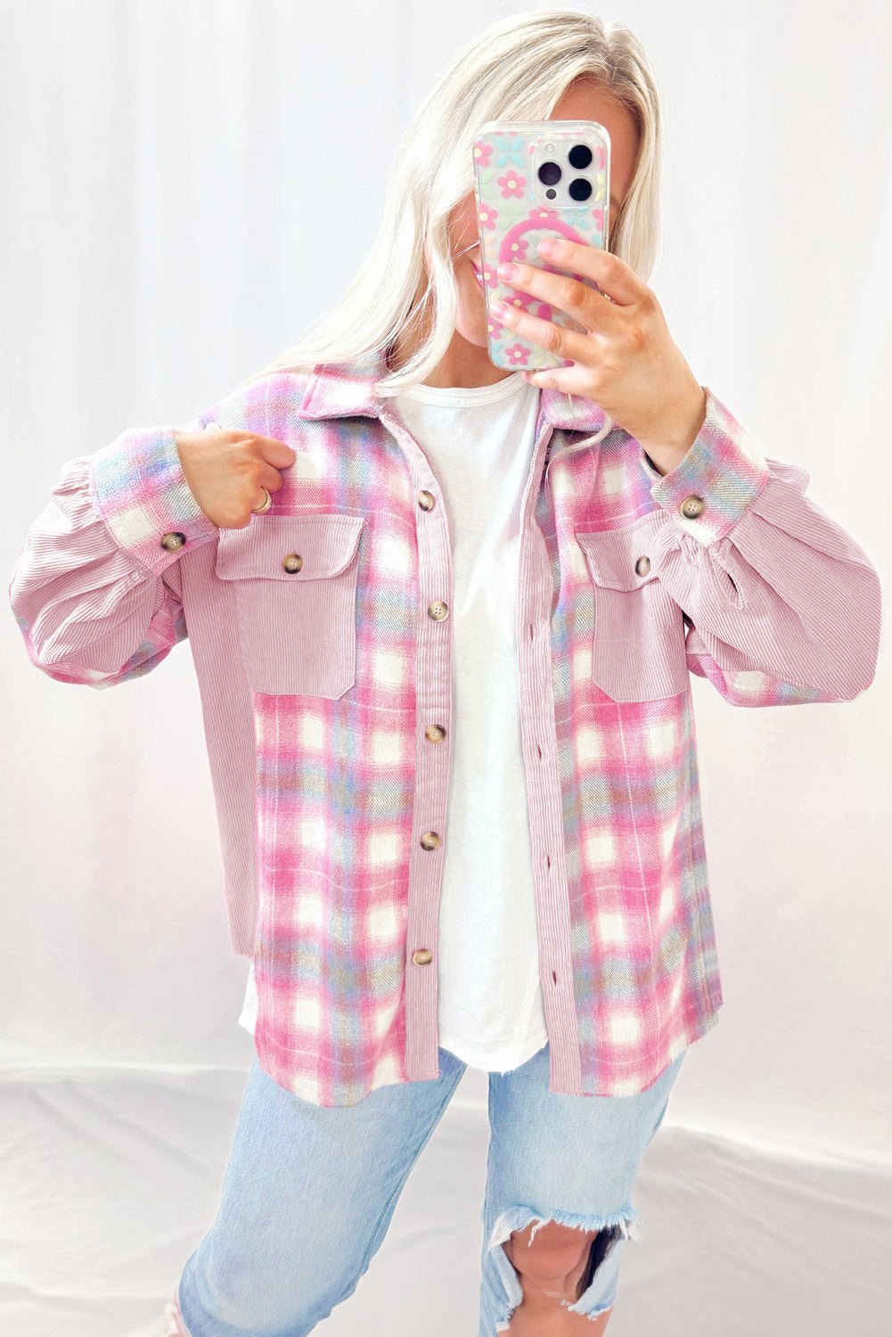 Pink brushed plaid corduroy shacket with flap pockets and patchwork design, from Emma & Rose Cape Town, casual jacket for layered style.
