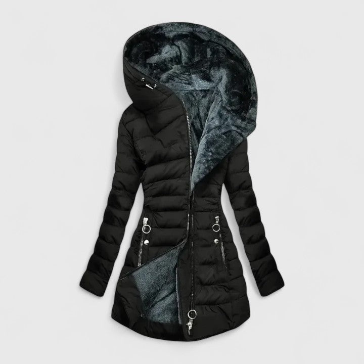 Light green Cassiora™ comfortable coat by Emma & Rose Cape Town, shown on a model front view.
