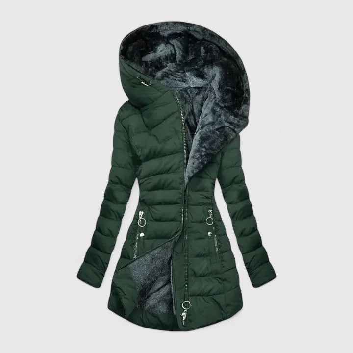 Light green Cassiora™ comfortable coat from Emma & Rose Cape Town, shown on a model with a relaxed fit and cozy fabric