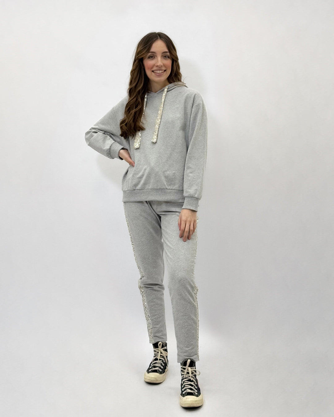 Light blue Karla sweatshirt by Emma & Rose Cape Town featuring soft luxurious fabrics and sequin embellishments.
