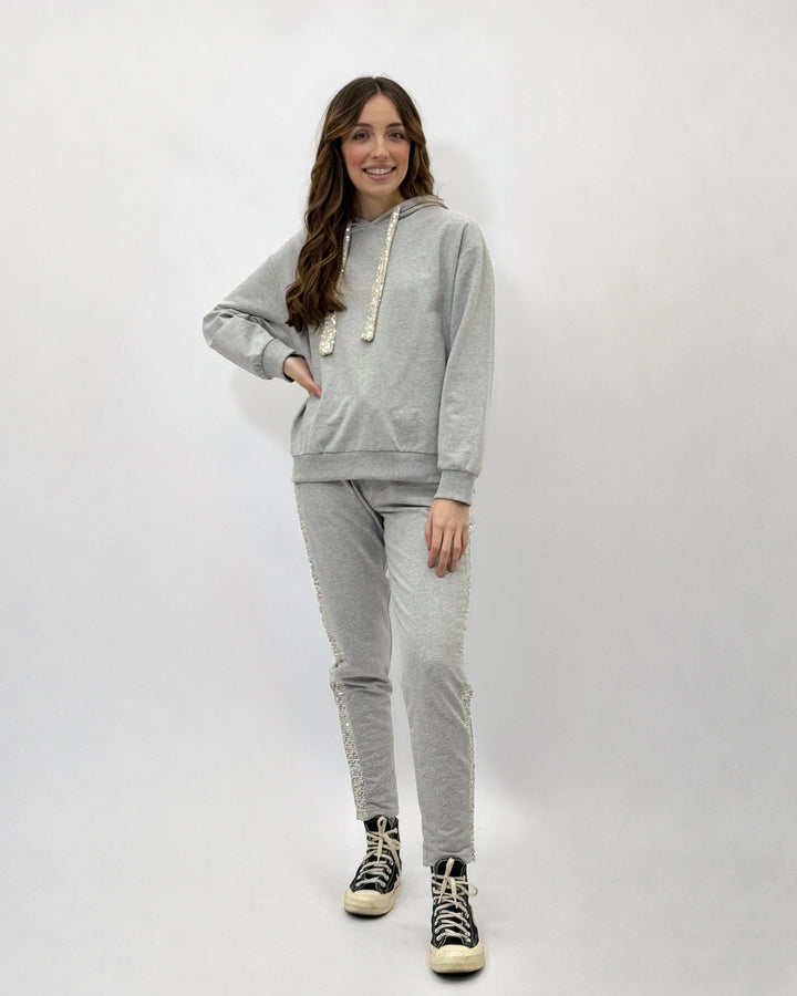 Light blue Karla sweatshirt by Emma & Rose Cape Town featuring soft luxurious fabrics and sequin embellishments.