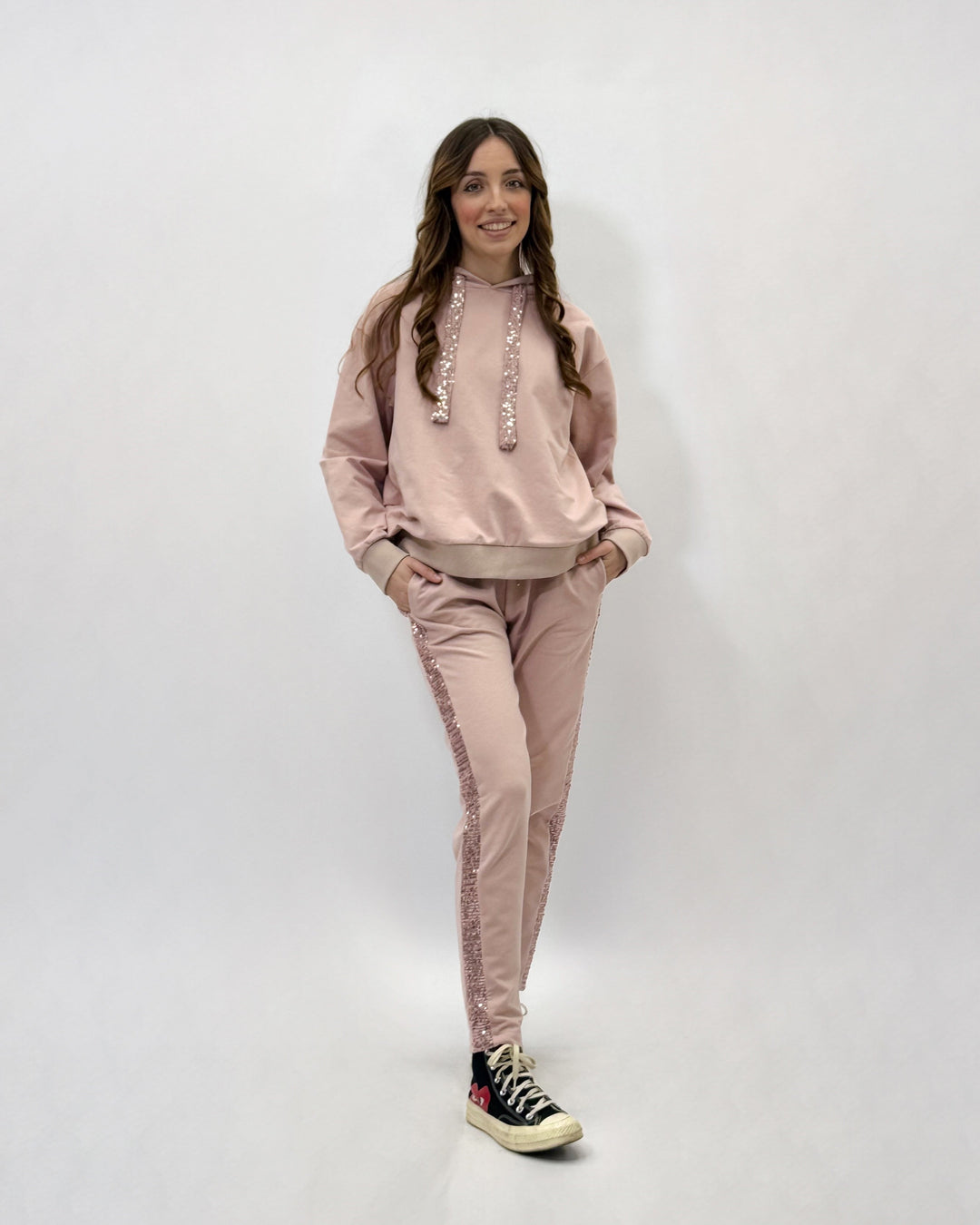 Light blue Karla sweatshirt by Emma & Rose Cape Town featuring soft luxurious fabrics and sequin embellishments.