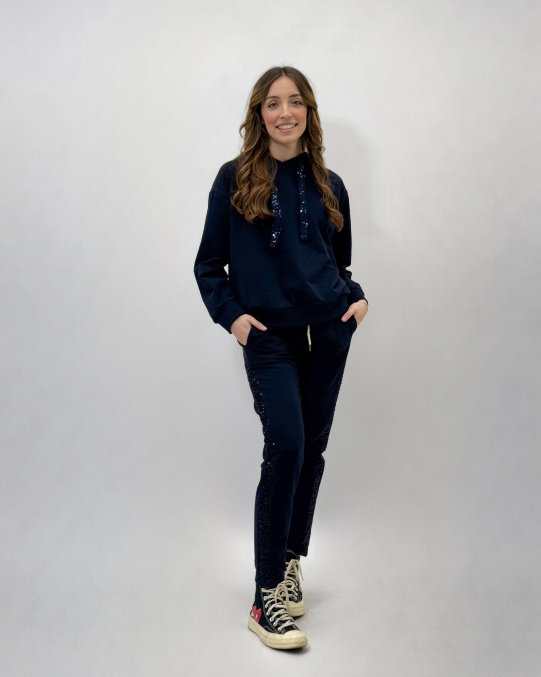 Light blue Karla sweatshirt by Emma & Rose Cape Town featuring soft luxurious fabrics and sequin embellishments.