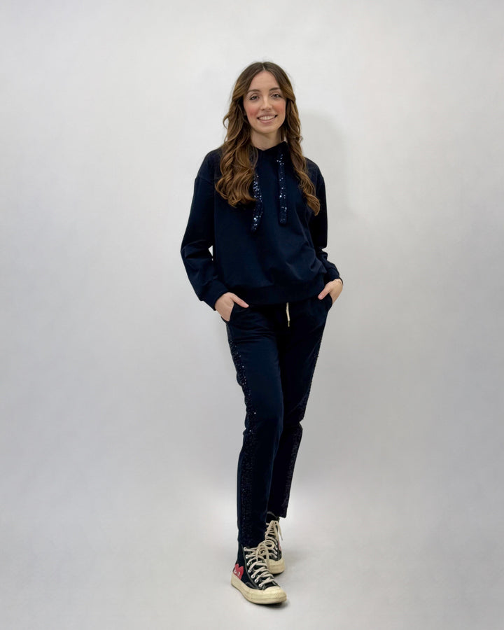 Light blue Karla sweatshirt by Emma & Rose Cape Town featuring soft luxurious fabrics and sequin embellishments.