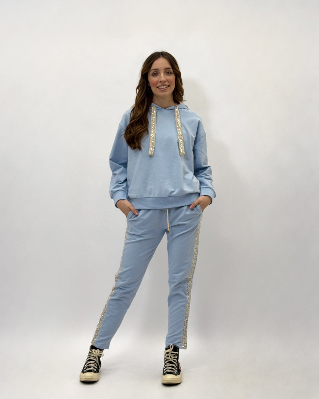Light blue Karla sweatshirt by Emma & Rose Cape Town featuring soft luxurious fabrics and sequin embellishments.