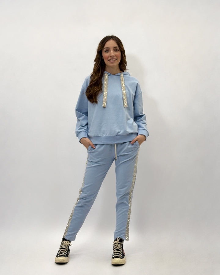 Light blue Karla sweatshirt by Emma & Rose Cape Town featuring soft luxurious fabrics and sequin embellishments.