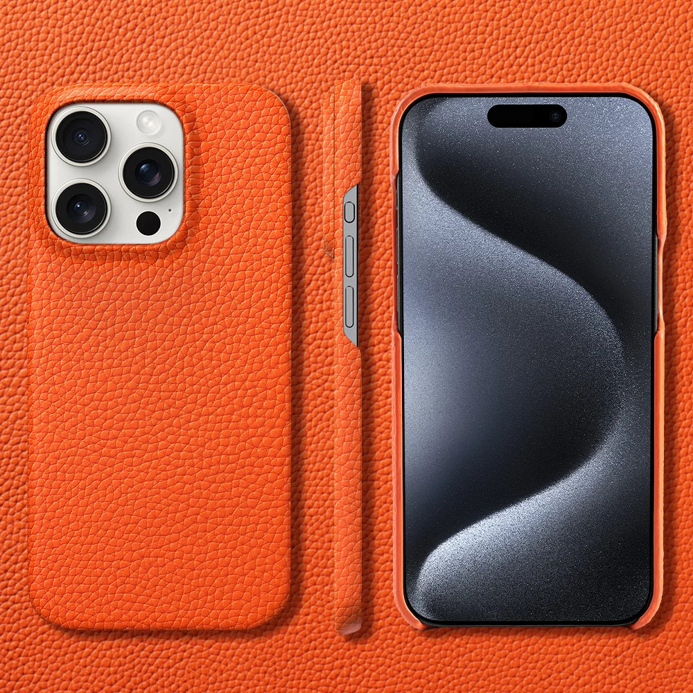 Orange leather iPhone 17 Pro Max case from Emma & Rose Cape Town, designed as a stylish men's accessory with a sleek, executive look.