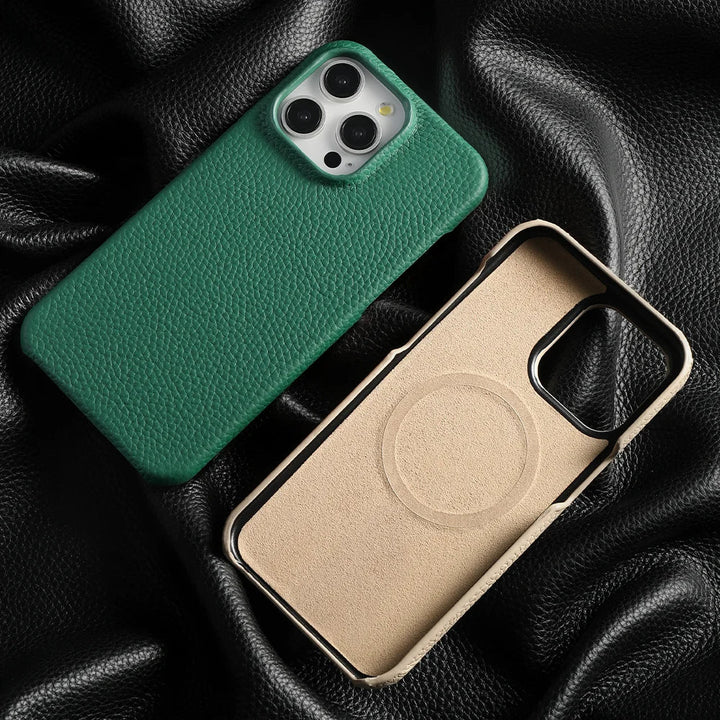 Orange leather iPhone 17 Pro Max case from Emma & Rose Cape Town, designed as a sleek men's accessory.