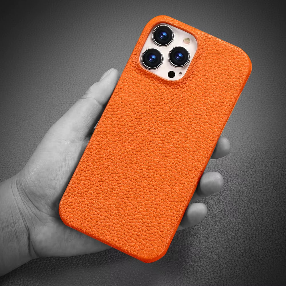 Orange leather iPhone 17 Pro Max case by Emma & Rose Cape Town, stylish men's accessory with a sleek design.