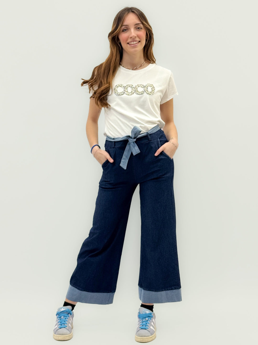 Emma & Rose Cape Town Adele™ light soft fabric culotte pants with belt, stylish and comfortable women's pantaloni.