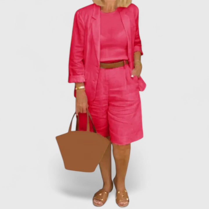 Emma & Rose Cape Town Railey™ elegant red 2-piece suit set with tailored blazer and matching pants, stylish and sophisticated.