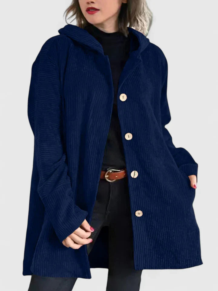 Red Ysalindah™ comfortable jacket by Emma & Rose Cape Town, shown on a model with a relaxed fit and cozy fabric.