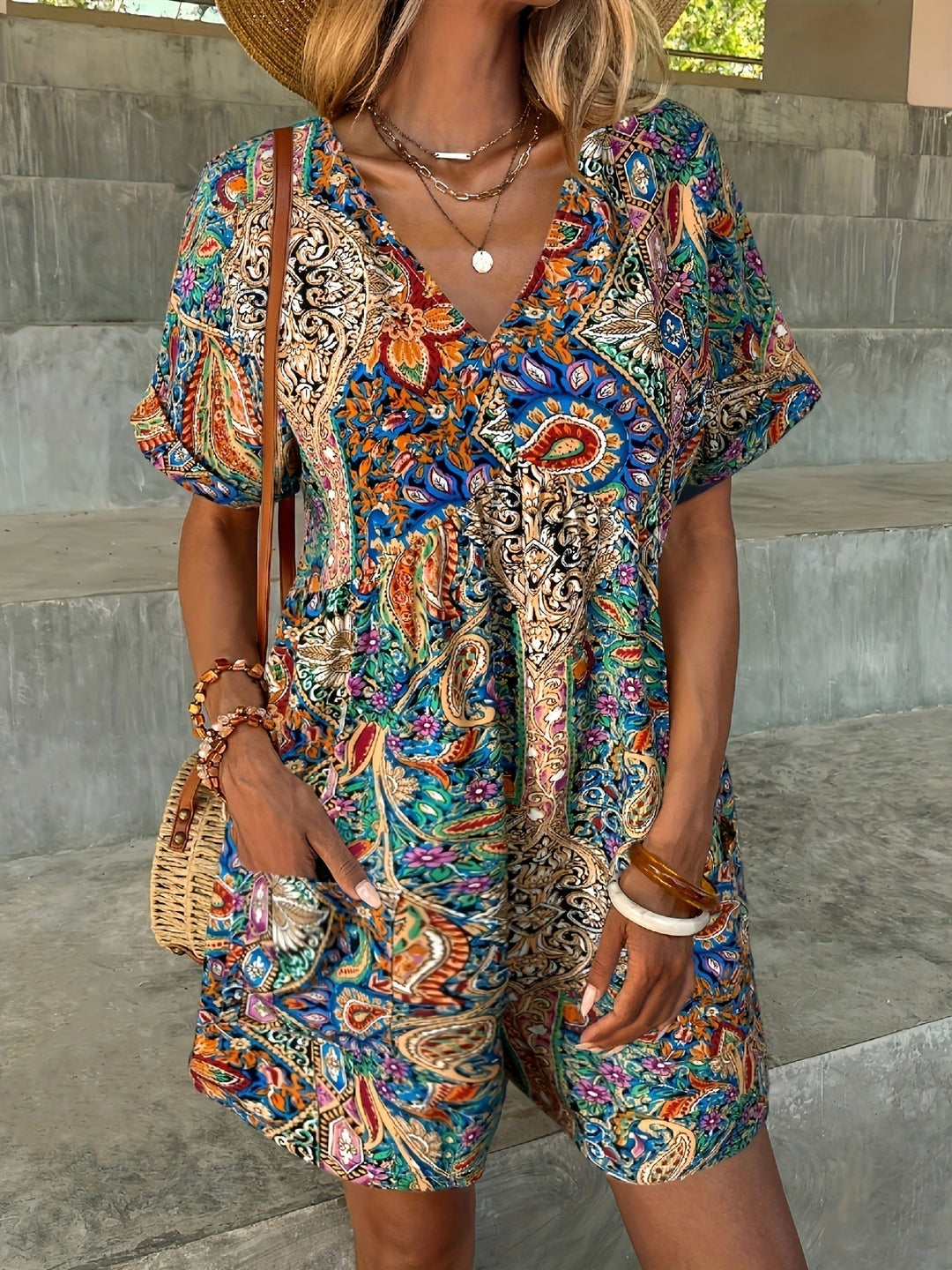 Emma & Rose Cape Town Frida bohemian jumpsuit with ocean-inspired pattern, featuring flowing fabric and relaxed fit.