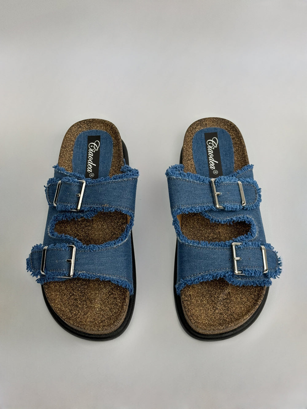 Emma & Rose Cape Town High™ soft luxurious fabric sandals in light denim, size 36, stylish Murano design.