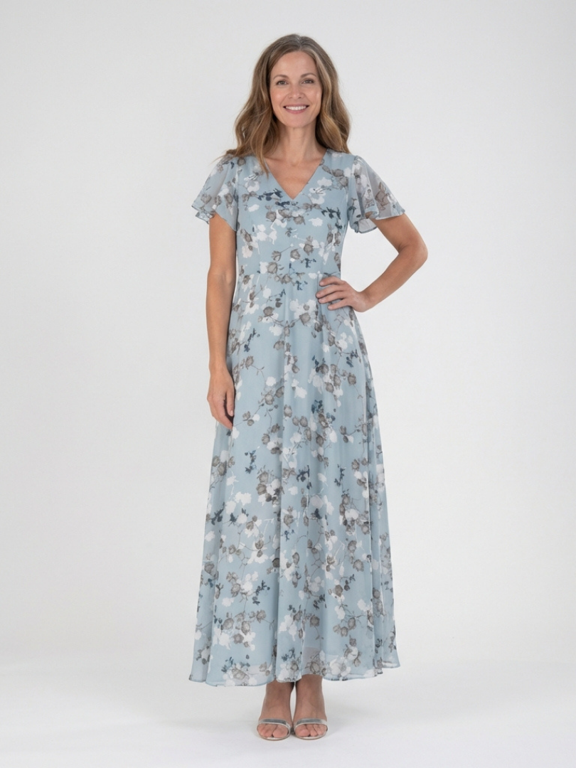 Sky blue Ismeria floral flowing maxi dress by Emma & Rose Cape Town, featuring a lightweight, elegant design with a floral pattern.