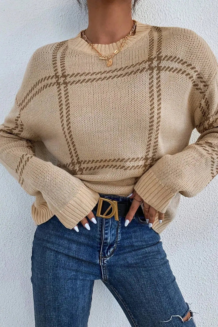 Khaki plaid pattern knitted drop shoulder sweater by Emma & Rose Cape Town featuring a cozy, casual style.