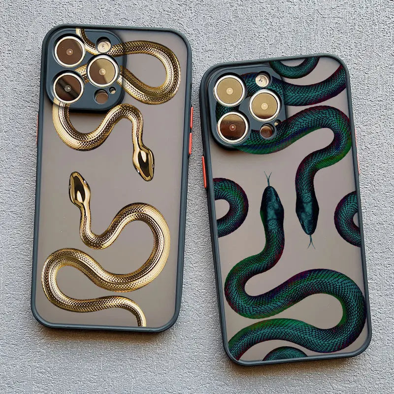 Gold iPhone case with serpent motif from Emma & Rose Cape Town, featuring intricate design for women's accessories.