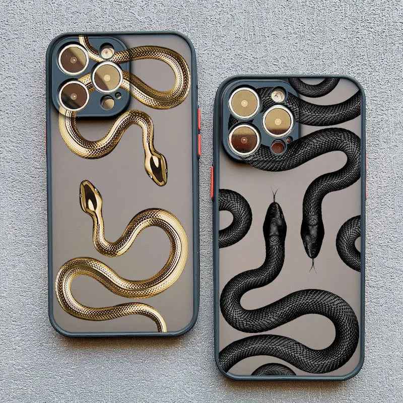Gold iPhone X/Xs case with serpent motif by Emma & Rose Cape Town, featuring intricate design and stylish women's accessory.