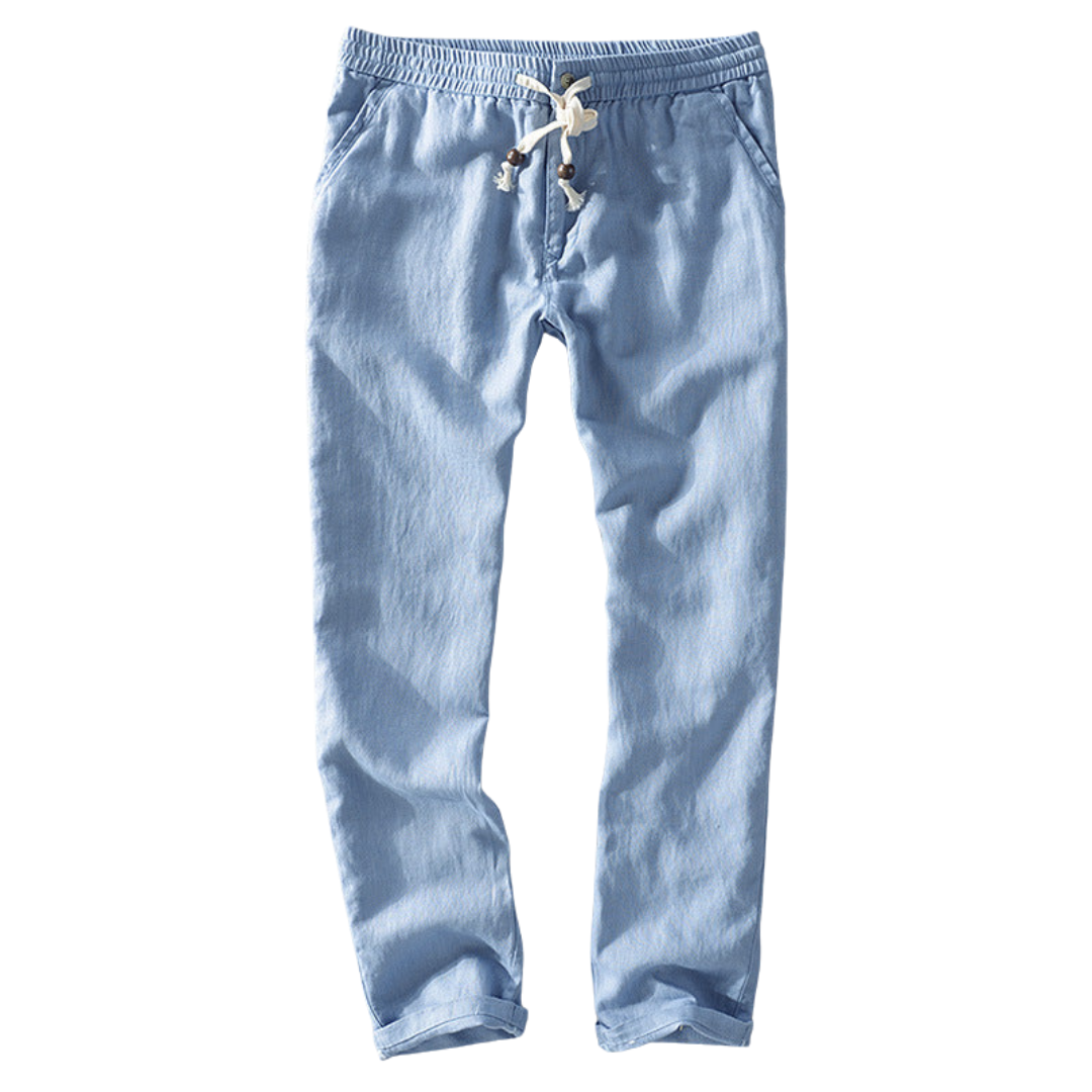 Light blue Shane™ casual lightweight men's pants by Emma & Rose Manhattan, shown on a hanger.