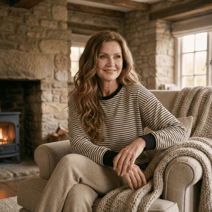Emma & Rose Manhattan Chloe™ slouchy long sleeve tee in soft fabric, shown laid flat with relaxed fit and long sleeves.