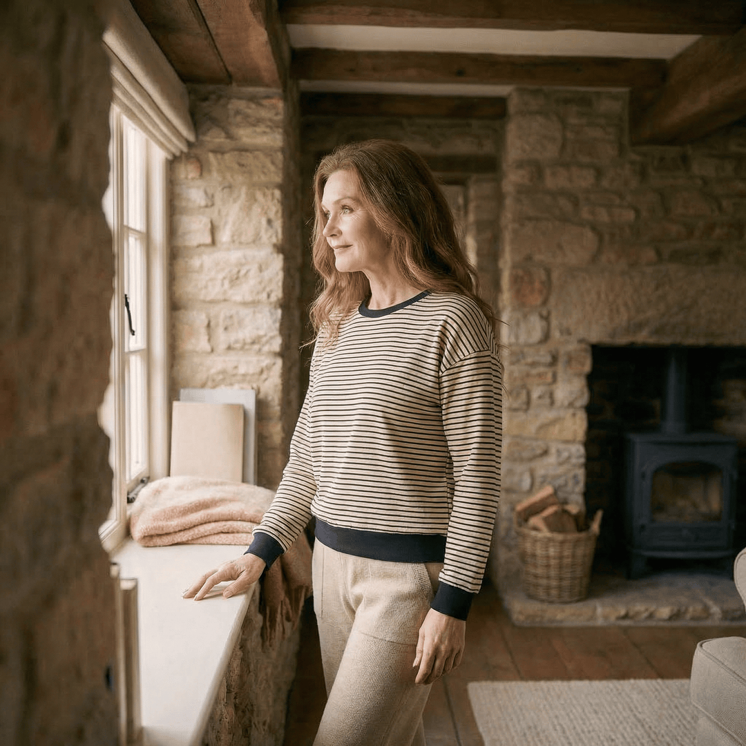 Emma & Rose Manhattan Chloe™ slouchy long sleeve tee with relaxed fit and soft fabric, shown in light gray on a hanger.
