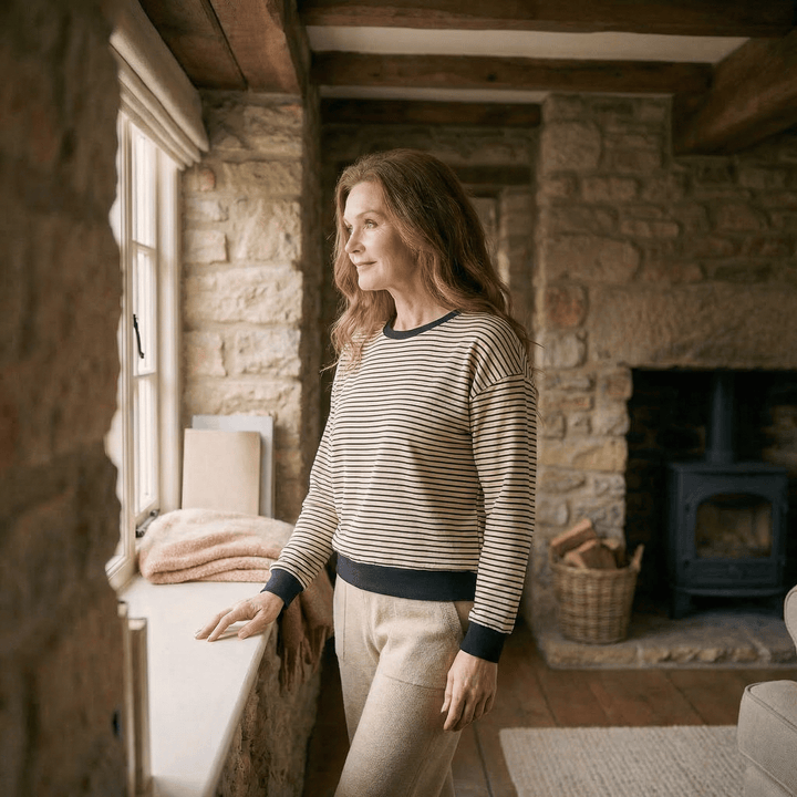 Emma & Rose Manhattan Chloe™ slouchy long sleeve tee with relaxed fit and soft fabric, shown in light gray on a hanger.