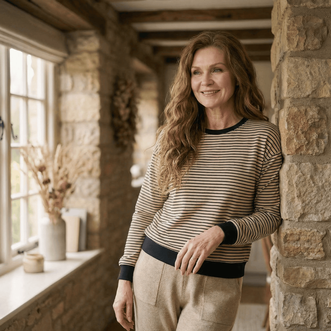 Chloe™ slouchy long sleeve tee by Emma & Rose Manhattan, featuring a relaxed fit, soft fabric, and long sleeves, shown on a model.