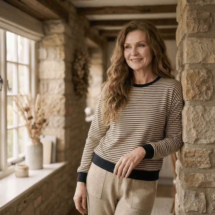 Chloe™ slouchy long sleeve tee by Emma & Rose Manhattan, featuring a relaxed fit, soft fabric, and long sleeves, shown on a model.
