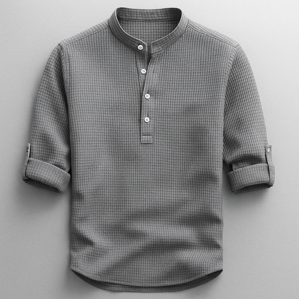 Karla™ Hudson Henley Top by Emma & Rose Cape Town, featuring a casual, long-sleeve henley shirt with buttons and a comfortable fit.