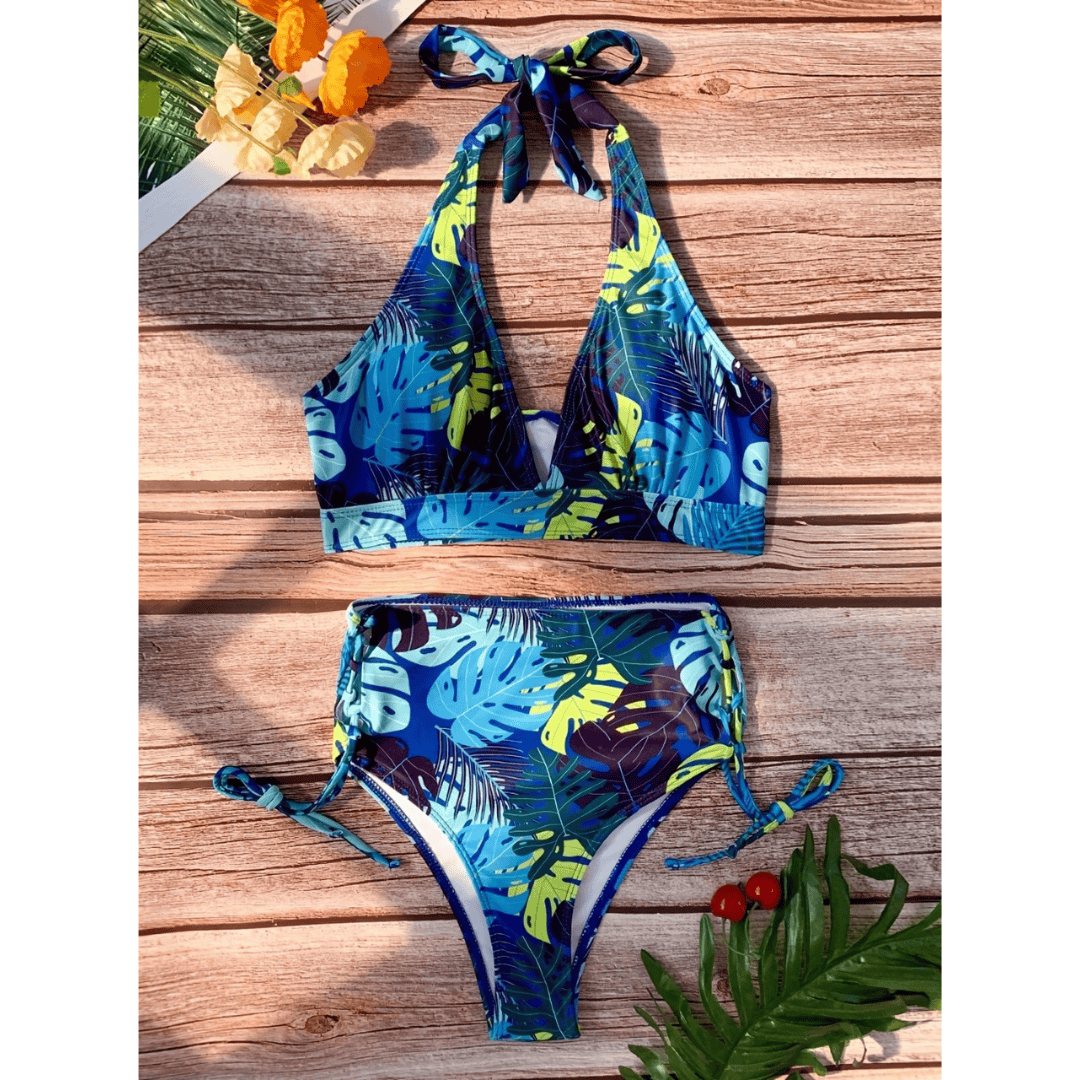 Exotic Oasis bikini set by Emma & Rose Manhattan featuring a vibrant, patterned bikini top and matching bottoms on a mannequin.