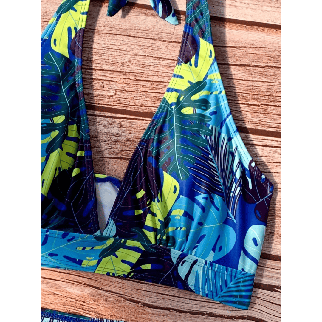 Exotic Oasis bikini set by Emma & Rose Manhattan featuring vibrant tropical print and matching bikini top and bottom.