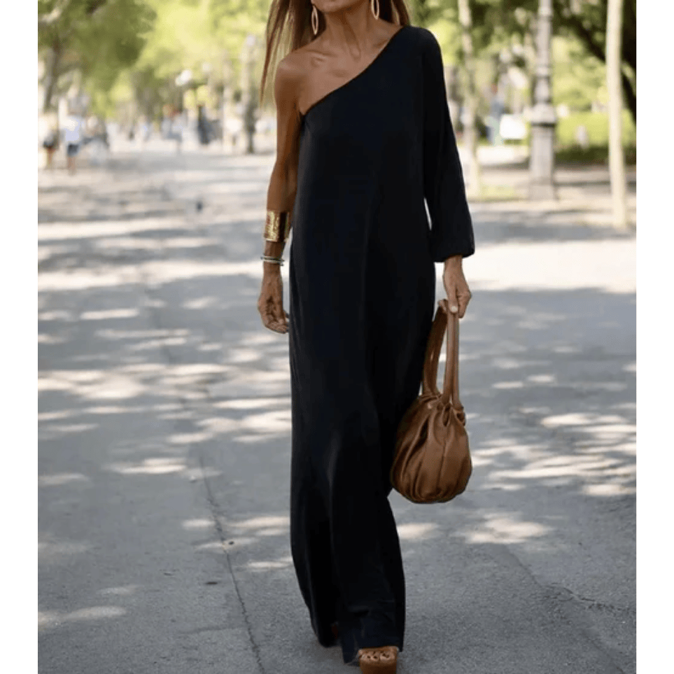 Elegant lightweight one-shoulder dress by Emma & Rose Manhattan featuring a sleek design and flowing fabric.