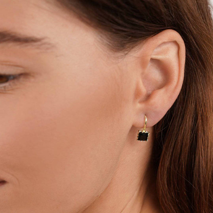 Nicole™ crystal drop earrings by Emma & Rose Cape Town featuring black crystal teardrop pendants and elegant gold-tone hooks.