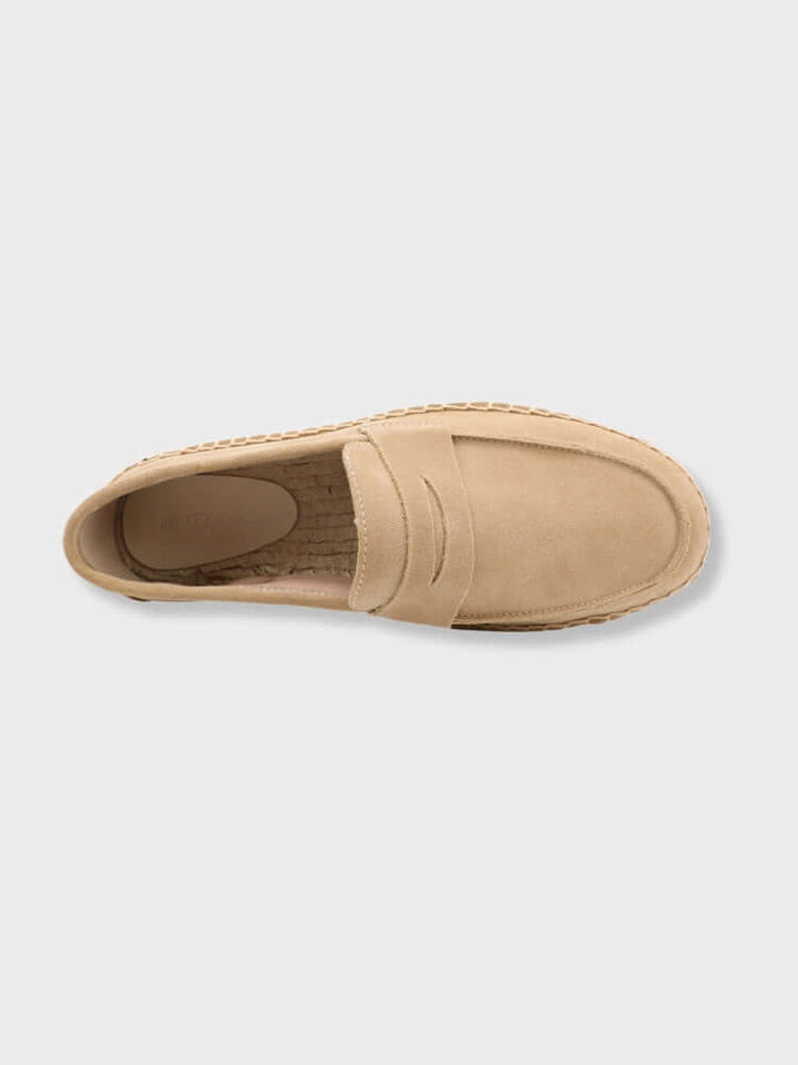 Sand-colored Saint-Tropez™ classic loafers by Emma & Rose Cape Town made from soft, luxurious fabrics, shown on a neutral background.