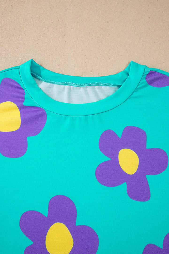 Sky Blue Floral Color Block Long Sleeve Top