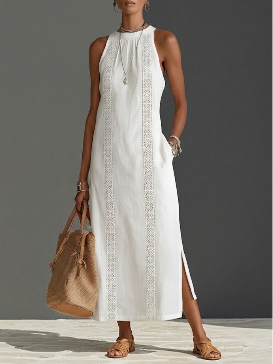 Ava | Women's Embroidered Sleeveless Round-Neck Midi Dress